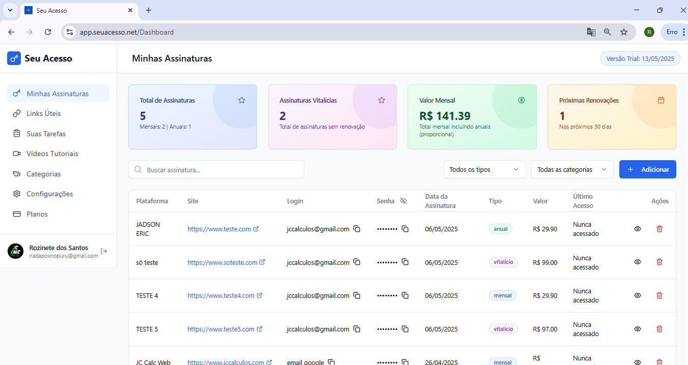 Dashboard Seu Acesso
